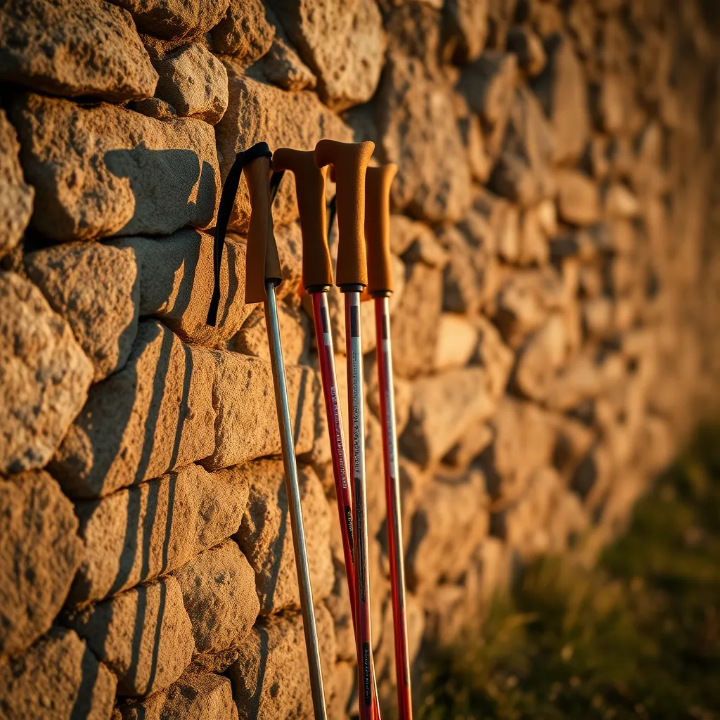 Detalhe de bastões apoiados num muro de pedra