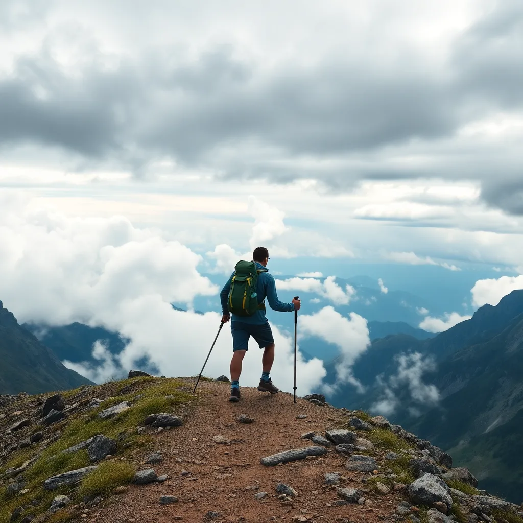Caminhante a subir um trilho de montanha