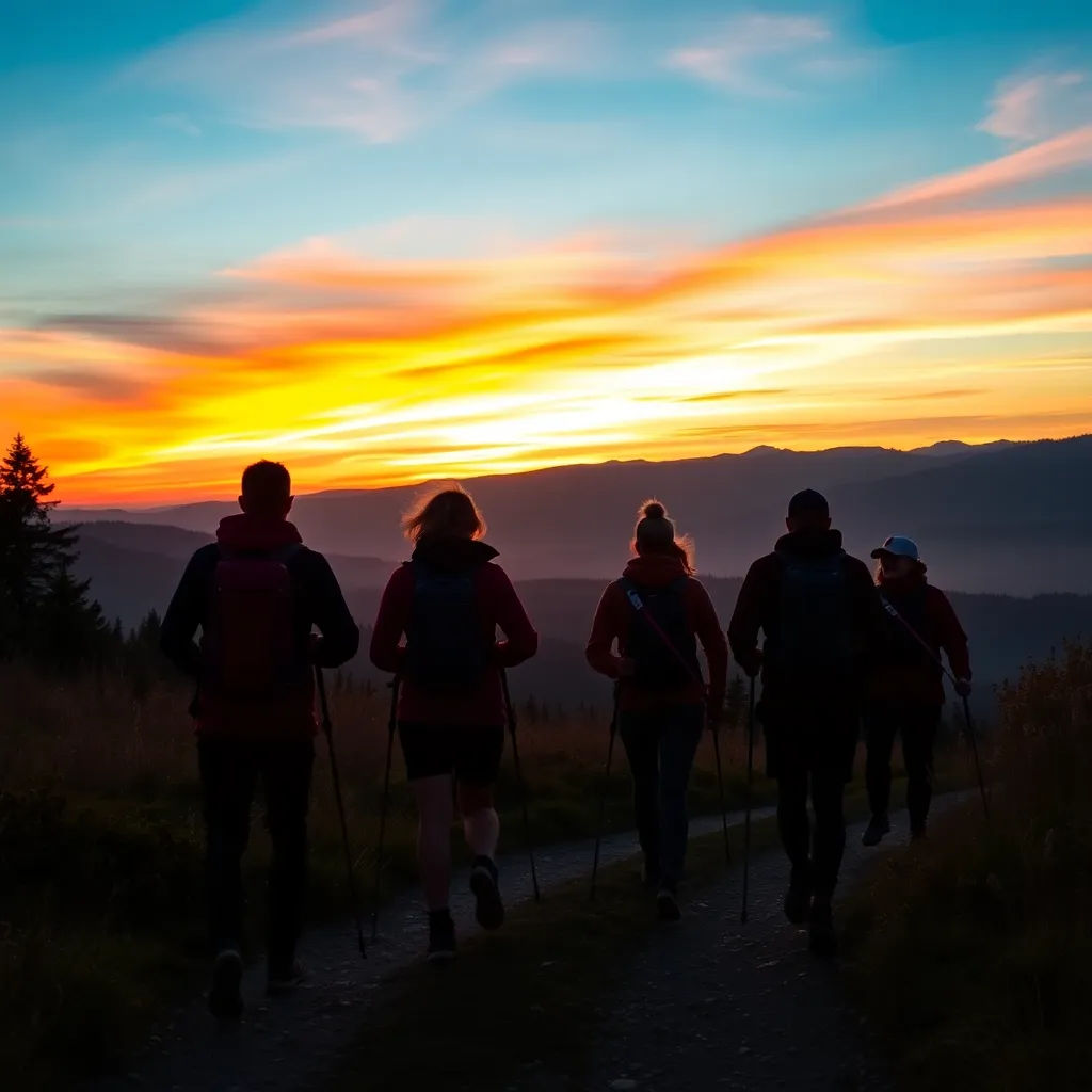 Grupo a caminhar ao amanhecer