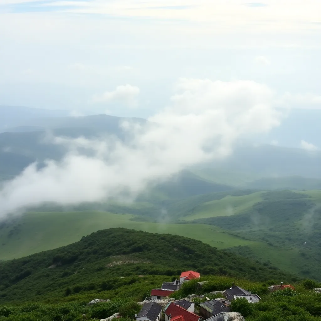 Vista de vale verde com nevoeiro